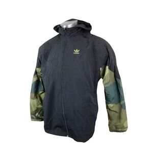 ADIDAS Windbreaker sports Jacket Mens M Hooded Mid weight Nylon Black, Camo, EUC